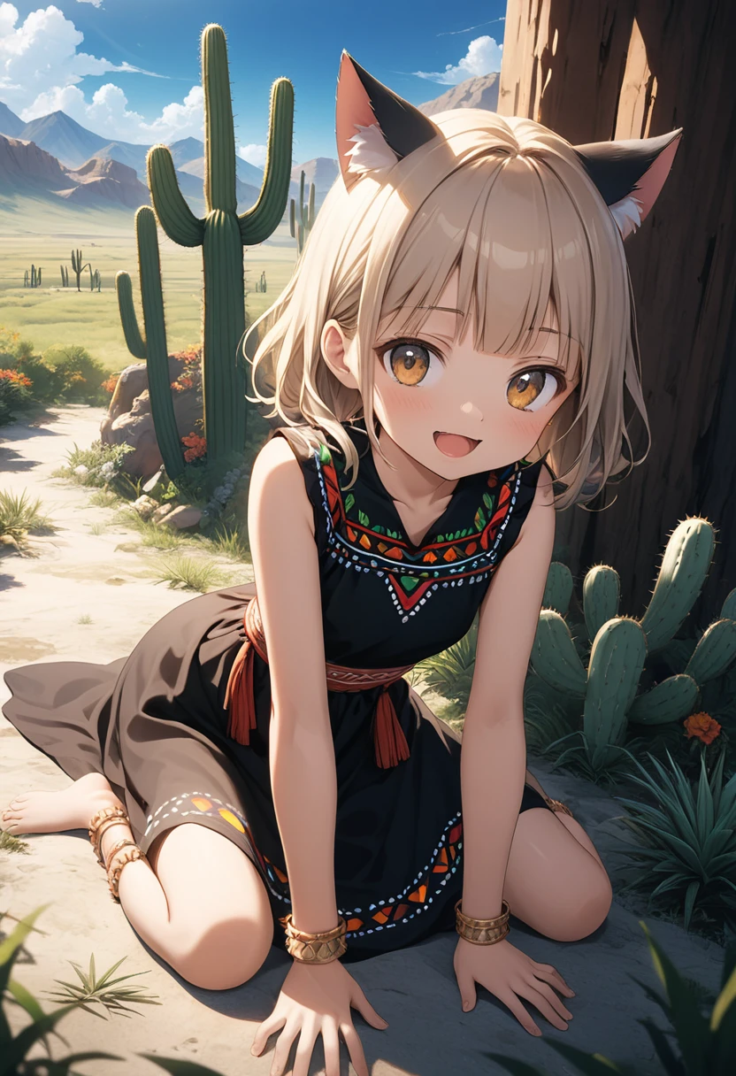 ((Masterpiece)), ((best quality)), (Anime:1.3), (super detail:1.2), (High Definition:1.3), (Professional Photography:1.3), (wide shot), (very aesthetic:1.2), (absurdres:1.2), (sharp focus), (perfect light), (()), Textured skin, cinematic lighting, Textured skin, Cute teenage small breast, open mouth, ((trival anklets)), loose blunt bangs, (messy medium hair), blush and smug, cute makeup, ((wearing Mexican Folk dress)), bare foot, (Healthy body), slender body, (put on cat ears), pale brown hair, BREAK, ((best quality)), (very aesthetic:1.2), (absurdres:1.2), ((summer day)), Reaching hand, loose sitting on the wilderness, (Landscape the wilderness with cacti),