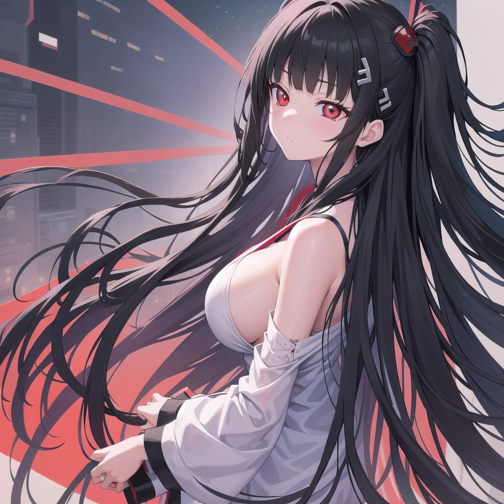 Rivertsukatsuki, River, black hair, (red eyes:1.5), hair ornament, hairclip, Halation, long hair,
、Extremely large breasts(7200)、ハイレグモノキニビキニ