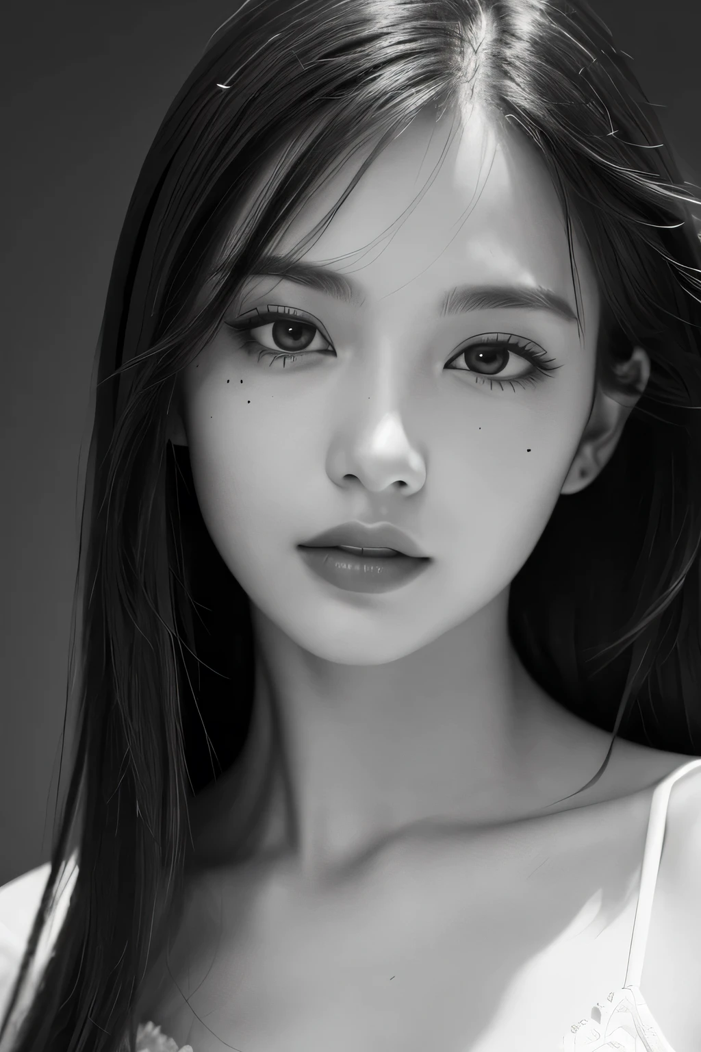 masterpiece, Highest quality, Photorealistic, Super detailed, In detail, High resolution, 8k wallpaper, Professional, High level of detail, ((Black and white photography)), One Girl, ((Look forward)), ((Only the lips are red)), Collarbone Detail, Perfect Face, Five moles on the face, Straight hair, (Look straight at the camera)
