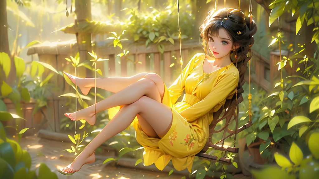 Full body picture of a beautiful 25 year-old girl playing on a swing hanging in a forest tree, wearing flowery short yellow colour swirly frock, attractive feminine form, beautiful thighs, morning light, Disney Pixar