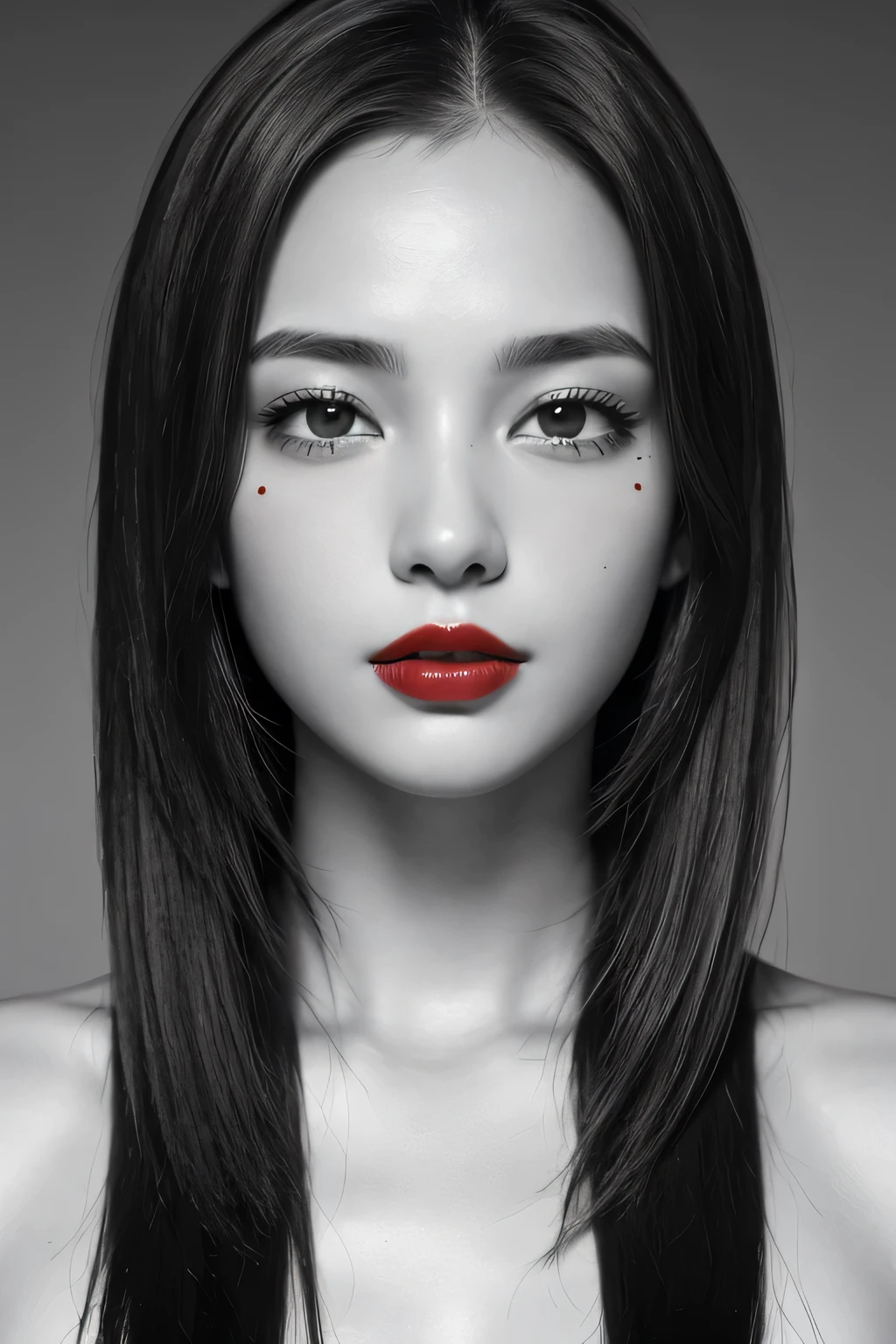 masterpiece, Highest quality, Photorealistic, Super detailed, In detail, High resolution, 8k wallpaper, Professional, High level of detail, ((Black and white photography)), One Girl, ((Look forward)), ((Only the lips are red)), Collarbone Detail, Perfect Face, Five moles on the face, Straight hair, (Look straight at the camera)