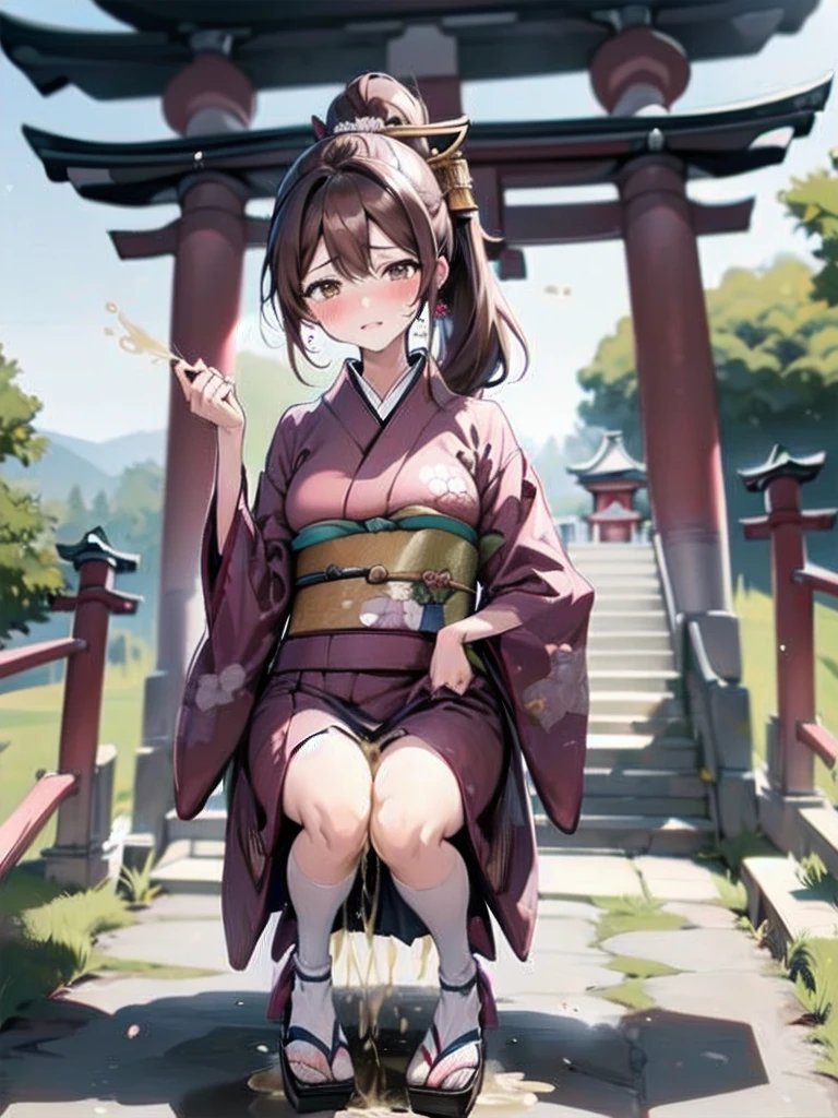 nsfw, (masterpiece, top quality, best quality, highly detailed:1.6), extremely detailed CG unity 8k wallpaper, (1 woman, shrine, outdoor, Pastel Colors kimono:1.5), (Maxi Length), strong facial expression, (sharp eye:1.2), (scowl:1.1), (embarrassed,blush:1.3), (steam:1.5), (wet, sweat:1.1), (trembling:1.3), (parted lips, harf open eyes:1.5), (feeling weak:1.5), (shoot from front, looking at viewer:1.1), (squatting, skirt lift:1.2), Sandals, (long hair, Brown hair, low ponytail, pubic brown hair:1.4), (girl trembling with sexual climax:1.5), colorful, full body, wide shot, perfect composition, (chrotch, pussy, urethra, panty, panties), urination, incontinence, piss, peeing self, A lot of pee, having an accident, pee running down legs, (((pee stream))), (pee puddle), wetting herself, pee stain, peeing, blush, trembling, embarrassed, large breasts, Yellow pee, ((leaking pee)), Shaking one's shoulders, Breaking a sweat on forehead, puddle of pee, Pee at your feet, Pee spread on the floor, Pee stains, Dripping pee between my legs, Feet wet from pee, Pee-covered feet, Pee at your feet, want to pee, about to pee, Full bladder, Pee-soaked kimono, Pee-soaked ankle socks, Pee-soaked sandasls, natural makeup,