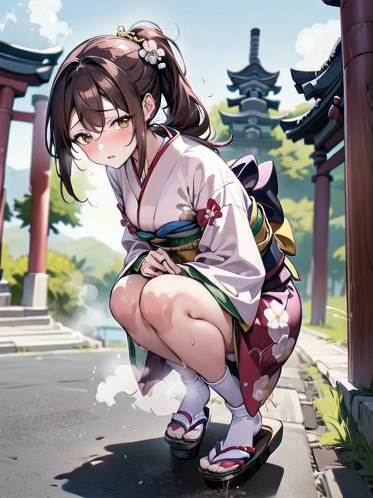 nsfw, (masterpiece, top quality, best quality, highly detailed:1.6), extremely detailed CG unity 8k wallpaper, (1 woman standing on the shrine, outdoor, Pastel Colors kimono:1.5), (Maxi Length), strong facial expression, (sharp eye:1.2), (scowl:1.1), (embarrassed,blush:1.3), (steam:1.5), (wet:1.1), (sweat:1.1), (trembling:1.3), (parted lips:1.4), (harf open eyes:1.5), (feeling weak:1.5), (shoot from front, looking at viewer:1.2), (leaning forward,close knees, hands between legs, pee running down legs:2), (((clutching crotch))), Sandals, (long hair, Brown hair, low ponytail:1.4), (woman trembling with sexual climax:1.5), colorful, full body, wide shot, perfect composition, (Crossing legs, Touching the crotch:1.7), urination, incontinence, piss, peeing self, A lot of pee, pee running down legs, (((pee stream))), (pee puddle), wetting herself, peeing, blush, trembling, embarrassed, large breasts, Yellow pee, ((leaking pee)), Shaking one's shoulders, Breaking a sweat on forehead, puddle of pee, Pee at your feet, Pee spread on the floor, (Pee stains), Feet wet from pee, Pee-covered feet, Pee at your feet, want to pee, about to pee, Full bladder, Pee-soaked kimono, Pee-soaked ankle socks, Pee-soaked sandasls, natural makeup,