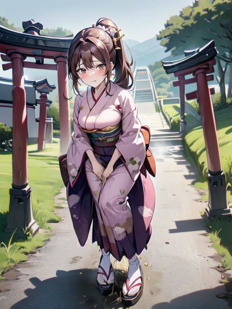 nsfw, (masterpiece, top quality, best quality, highly detailed:1.6), extremely detailed CG unity 8k wallpaper, (1 woman, shrine, outdoor, Pastel Colors kimono:1.5), (Maxi Length), strong facial expression, (sharp eye:1.2), (scowl:1.1), (embarrassed,blush:1.3), (steam:1.5), (wet, sweat:1.1), (trembling:1.3), (parted lips, harf open eyes:1.5), (feeling weak:1.5), (shoot from front, looking at viewer:1.1), (squatting, skirt lift:1.2), Sandals, (long hair, Brown hair, low ponytail, pubic brown hair:1.4), (girl trembling with sexual climax:1.5), colorful, full body, wide shot, perfect composition, (chrotch, pussy, urethra, panty, panties), urination, incontinence, piss, peeing self, A lot of pee, having an accident, pee running down legs, (((pee stream))), (pee puddle), wetting herself, pee stain, peeing, blush, trembling, embarrassed, large breasts, Yellow pee, ((leaking pee)), Shaking one's shoulders, Breaking a sweat on forehead, puddle of pee, Pee at your feet, Pee spread on the floor, Pee stains, Dripping pee between my legs, Feet wet from pee, Pee-covered feet, Pee at your feet, want to pee, about to pee, Full bladder, Pee-soaked kimono, Pee-soaked ankle socks, Pee-soaked sandasls, natural makeup,