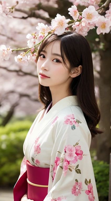 Traditional Japanese Garden、cherry blossoms、Close-up portrait of a young woman in a kimono、Calm expression、Natural light、Soft Focus