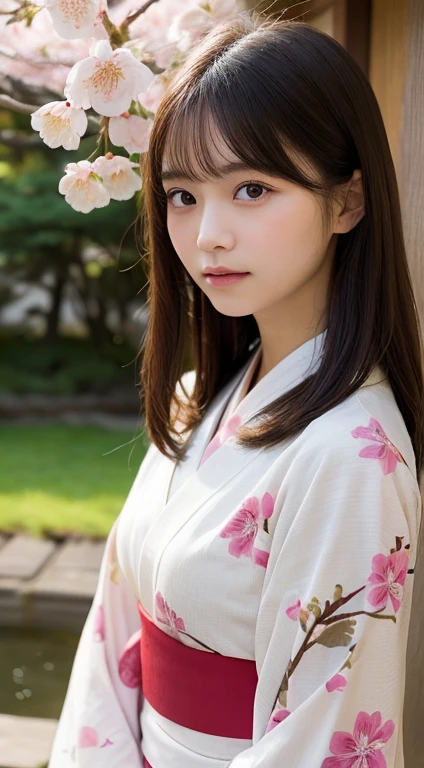 Traditional Japanese Garden、cherry blossoms、Close-up portrait of a young woman in a kimono、Calm expression、Natural light、Soft Focus