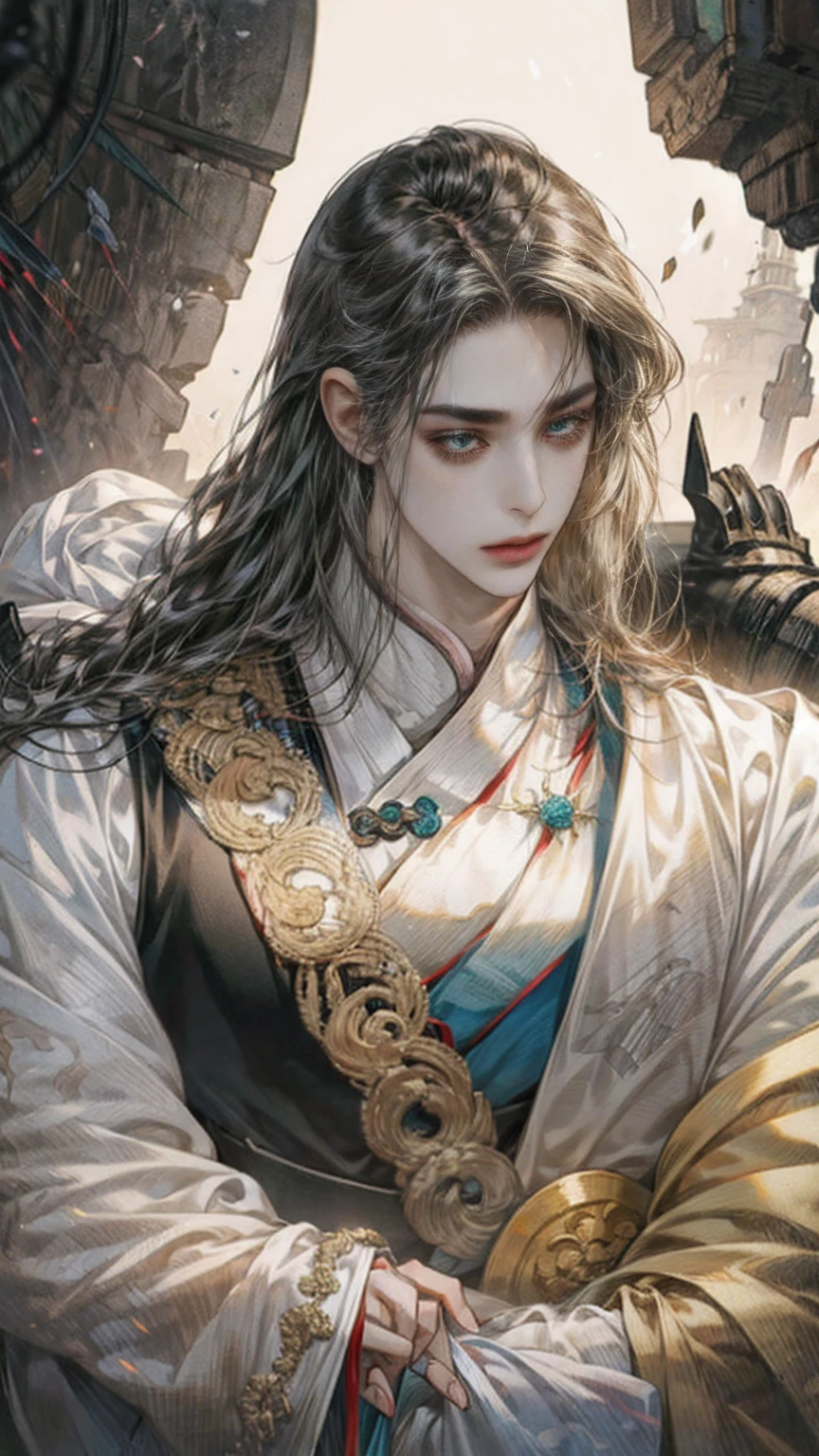 Anime characters with black hair and white horses, flowing hair and long robes, heise jinyao, beautiful male god of death, handsome guy in demon killer art, onmyoji portrait, Inspired by Seki Dosheng, by Yang J, zhao yun, Beautiful androgynous prince, Inspired by Bian Shoumin, Flowing white robe