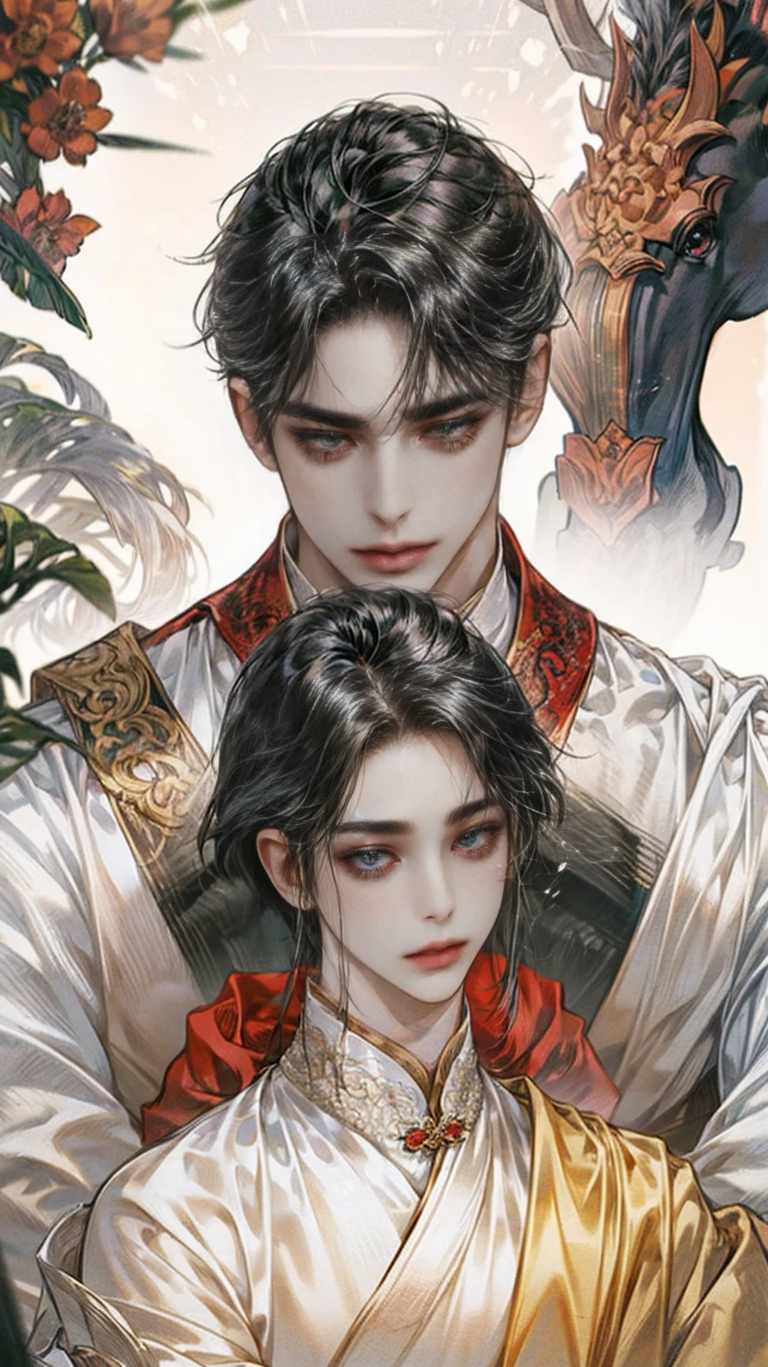 Anime characters with black hair and white horses, flowing hair and long robes, heise jinyao, beautiful male god of death, handsome guy in demon killer art, onmyoji portrait, Inspired by Seki Dosheng, by Yang J, zhao yun, Beautiful androgynous prince, Inspired by Bian Shoumin, Flowing white robe