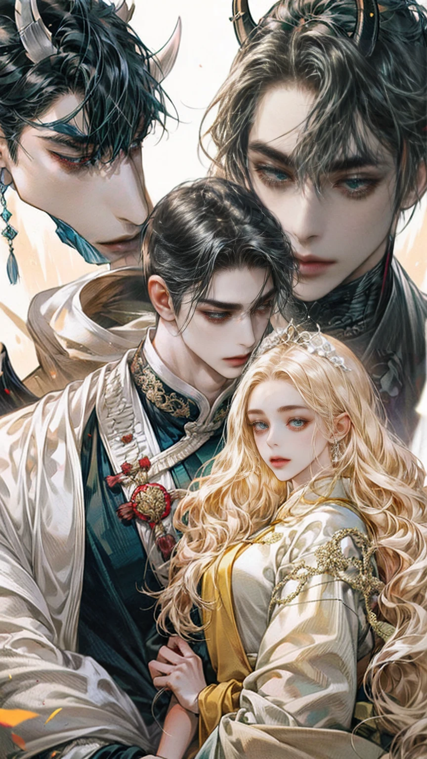 Anime characters with black hair and white horses, flowing hair and long robes, heise jinyao, beautiful male god of death, handsome guy in demon killer art, onmyoji portrait, Inspired by Seki Dosheng, by Yang J, zhao yun, Beautiful androgynous prince, Inspired by Bian Shoumin, Flowing white robe