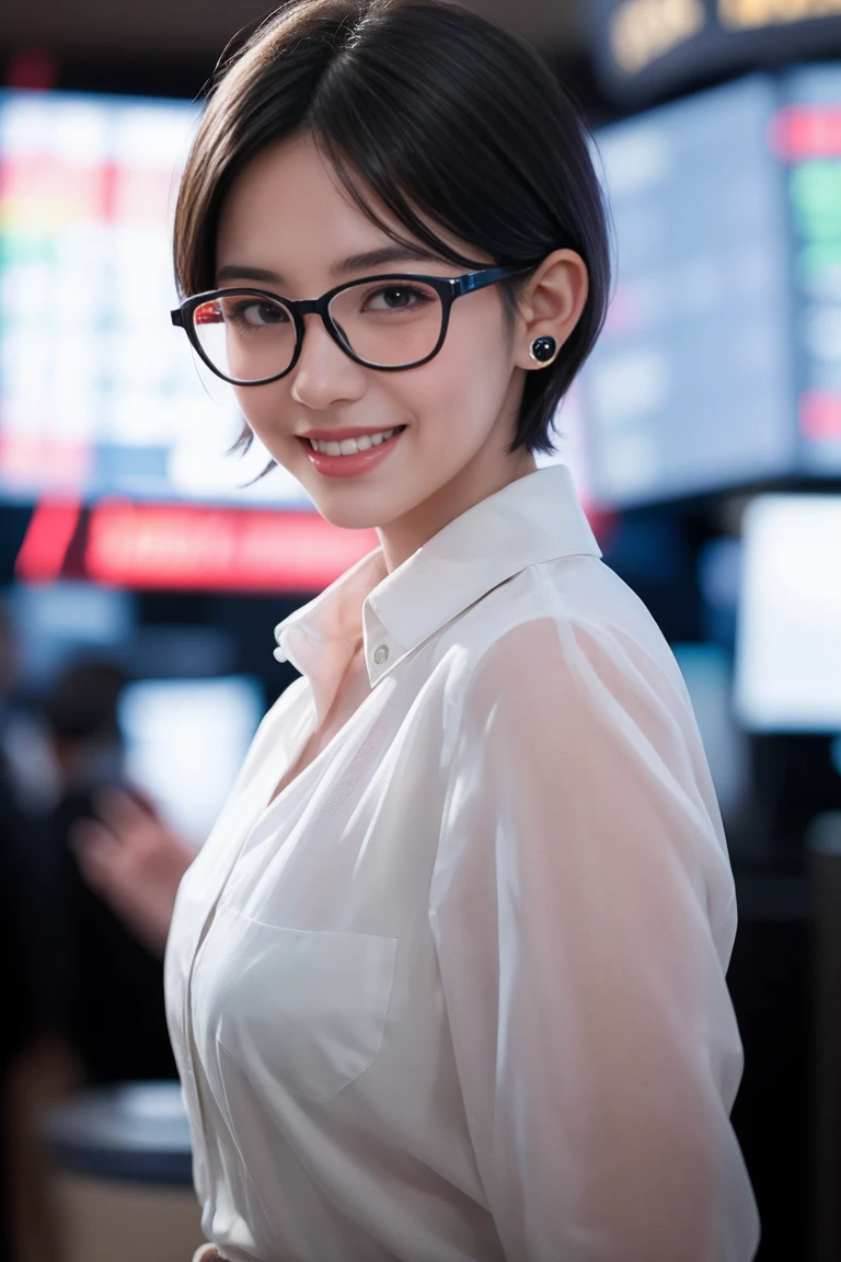 a girl with short hair, wearing transparent glasses, smiling and raising her hand, in a stock market setting, half-body shot, small ears, high quality, non-deformed, extremely detailed facial features, hyper realistic, 8k, photorealistic, vibrant colors, dramatic lighting, cinematic, beautiful, elegant, dynamic pose