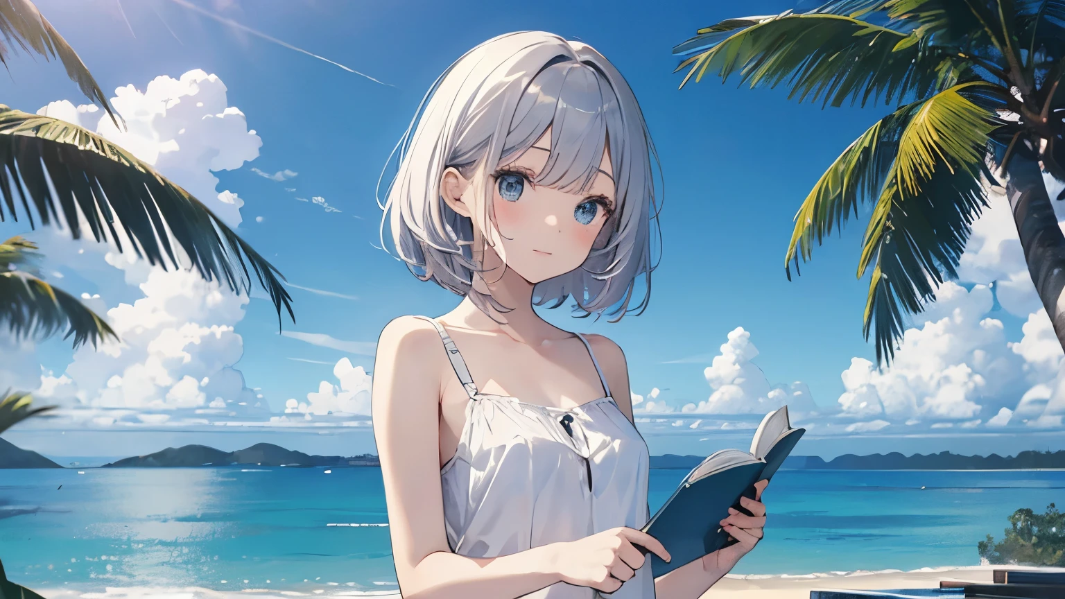 (Cute older sister:1.3)、((Very detailed)) sky、((1 person)),,White camisole,I have a book,Ocean,Tropical atmosphere,Summer sky