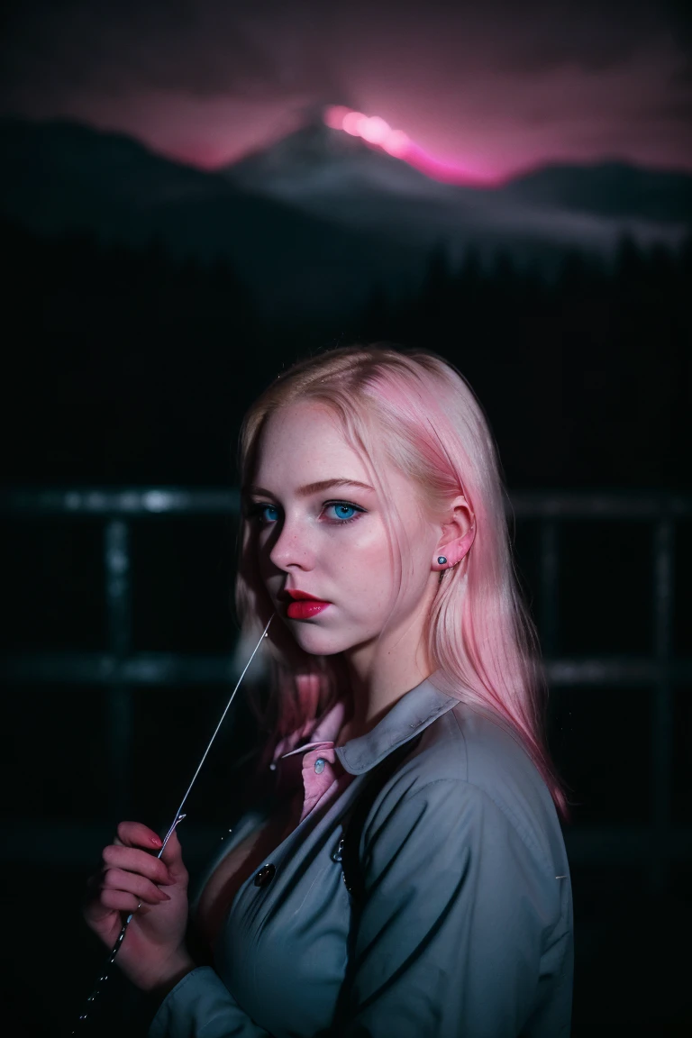 Analog photography featuring a melancholic American adult model (Ivy Snow) amidst the shadows of a dimlit mountain at night, blonde curvy-girl (18yo, Smokey eyes, very pale skin(PORCELAIN SKIN), large breasts, tightened thighs, Chubby blonde-girl)-Bold pink-lips, Pout face expression. Her bright blue-eyes(piercing through the darkness). Standing all in CANDID poses, and holding a plastic-bag. The photograph captures the cold and foggy of the night(with its Sad atmosphere and the sense that something oppressive is about to unfold). A subtle haze and a soft focus on the background enhance the quality of the image, (backlighting), Horror movie effects, The natural light casts long shadows, accentuating the desaturated colors and oppressive & frost atmosphere of this vintage-photography-style image. A 70mm grainy film captures the scene, with a bokeh effect softening the focus, -enhancing the overall composition. ((CLOSE UP SHOT, FOCUSING IN BOLD PINK-LIPS)), FROM THE BELOW VIEW
