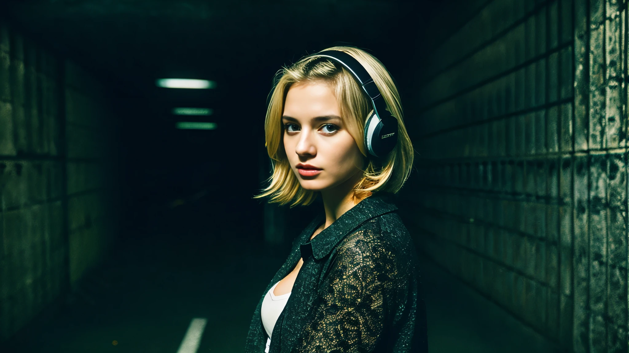Beautiful blonde with big breasts in black mode casual (In a dark tunnel、sit),Wearing headphones,Very detailed, 21 years old, Innocent face, Bob Hair, blue eyes, High resolution, masterpiece, Highest quality, Intricate details, Very detailed, Clear focus, Delicate skin, practical skin texture, texture, Delicate eyes, Professional, 4K, Sad face,despair、 Shot with Canon, 85mm, Shallow and deep, Kodak Vision Color, Exactly, Very detailed, photograph_\(Extremist\), photographpractical, practical, Post-processing, Maximum details, Roughness, Real Life, Extremist practical, Photorealism, photographgraphy, 8K Ultra HD, photographgraphy