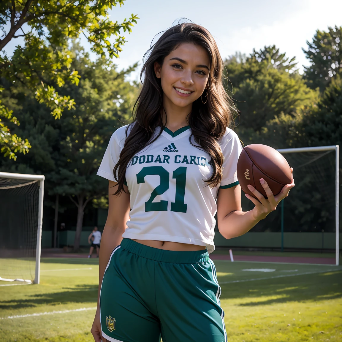 a beautiful 21 year old Brazilian girl,1girl,football,playing sports,eating cake,smiling,happy expression,long dark hair,detailed eyes,detailed face,detailed skin,detailed clothing,dynamic pose,sports equipment,outdoor environment,natural lighting,vibrant colors,photorealistic,high quality,masterpiece,extremely detailed,8k