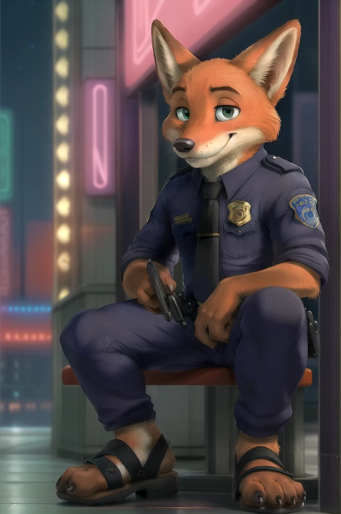 (energetic, by honovy, от zenthetiger, from Sausch), Nick Wilde, male, Fox, One, tie, safe, dressed, green eyes, Police uniform,sandals, is sitting, city, Street, Tokyo, Akihabara, neon lights, night, tail