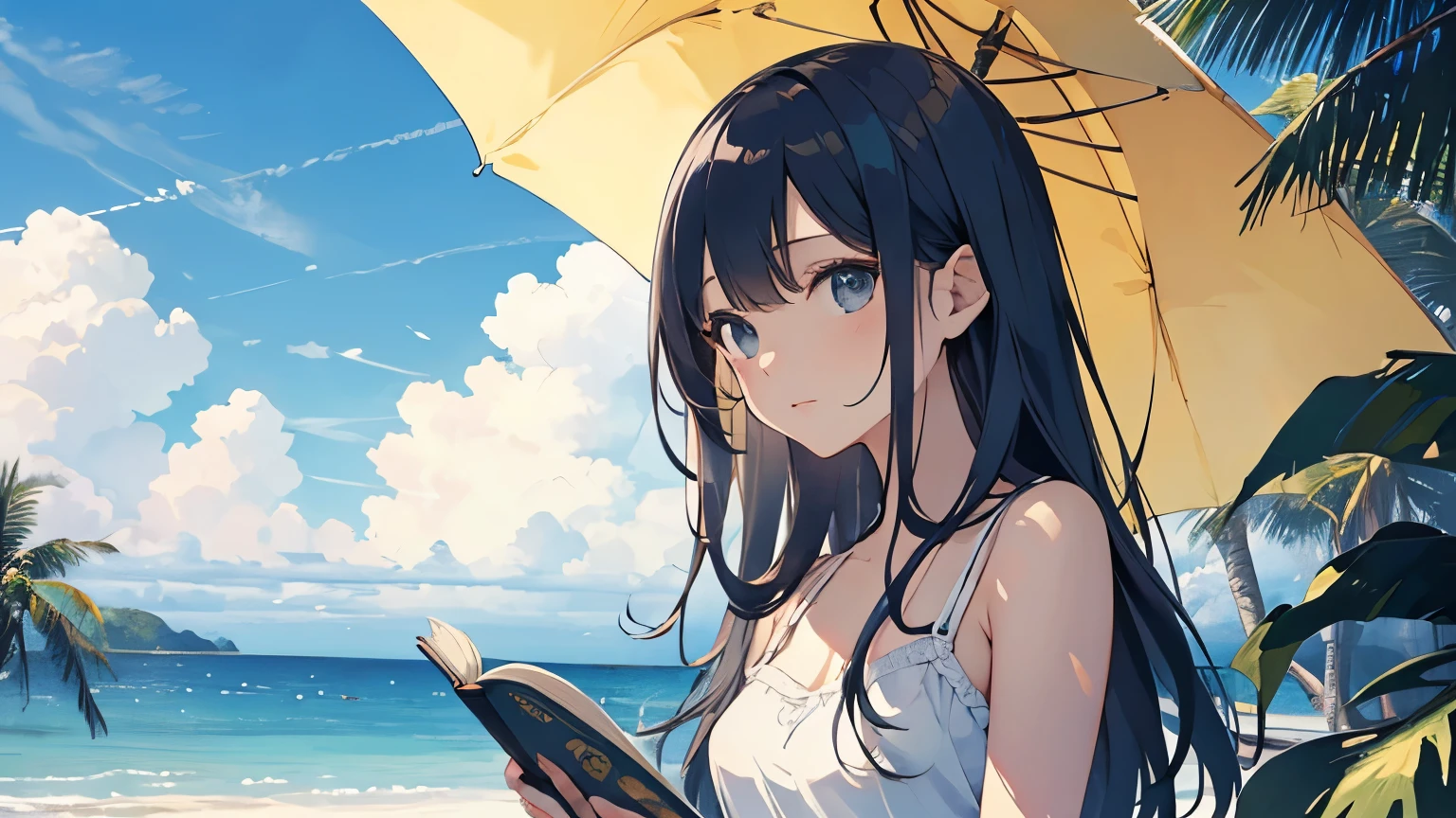 (Cute older sister:1.3)、((Very detailed)) sky、((1 person)),,White camisole,I have a book,Ocean,Tropical atmosphere,Summer sky