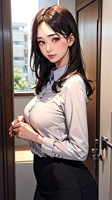 1 Woman, Japanese Woman,(Housewife:1.5),(40 Years Old:1.68),(Attractive Mature Woman:1.66),(Middle Age:1.78),(Small Round Face:1,69),(small breasts:1.5),(Casual, collared cutter shirts, buttons,long tight skirt),((office building entrances, rooms, automatic doors, lobbies))