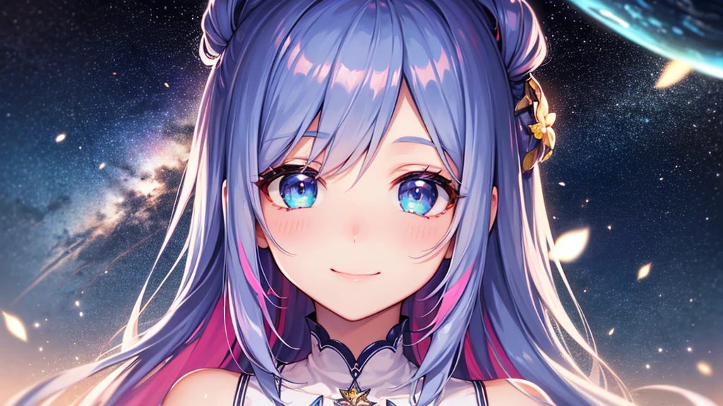 Highest quality, 8K, 4K, High resolution, (Beautifully detailed face), High Contrast,Colorful Hair,Colorful and clear eyes,Upper Eye,Small breasts,20generation,1girl,only, Happy, smile, Looking up, The entire starry sky of the galaxy,grow,Twinkling starlight,unlimited,A wonderful sight