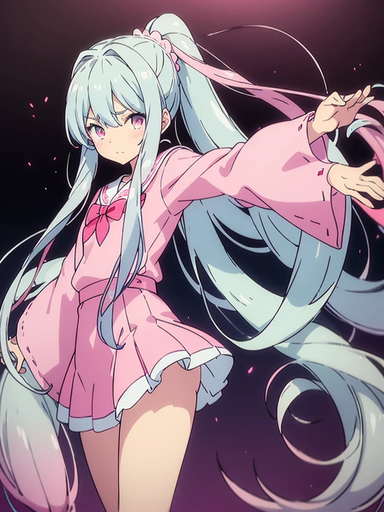 long light blue fur,deep red pink eyes,Hair up with two pink scrunchies.,Short double ponytail,Qi bangs,There are two long hair curtains on both sides.,Wearing a white sailor uniform.,Short skirt,Raise your bangs with hairpins,The sleeves are long,Fresh environment,warm color palette,The eyes have God.,to emphasize,Masterpiece,rubor rubor cuerpo completo Short skirt tableada medias largas blancas