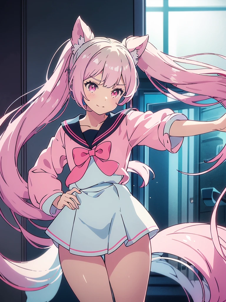 hyper ero anime style,cat ears pink long hair angel shota,nurse cap,hospital,flat chest,from below behind,butt shot,white pantyhose with skirt,big butt,laughter,
