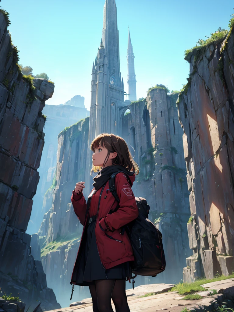 a young female  adventurer, she is standing in front of the tower, looking up, low angle, the background, A huge tower nestled in a magnificent canyon, magnificent and fantastic scenery, beautiful girl, vivid color