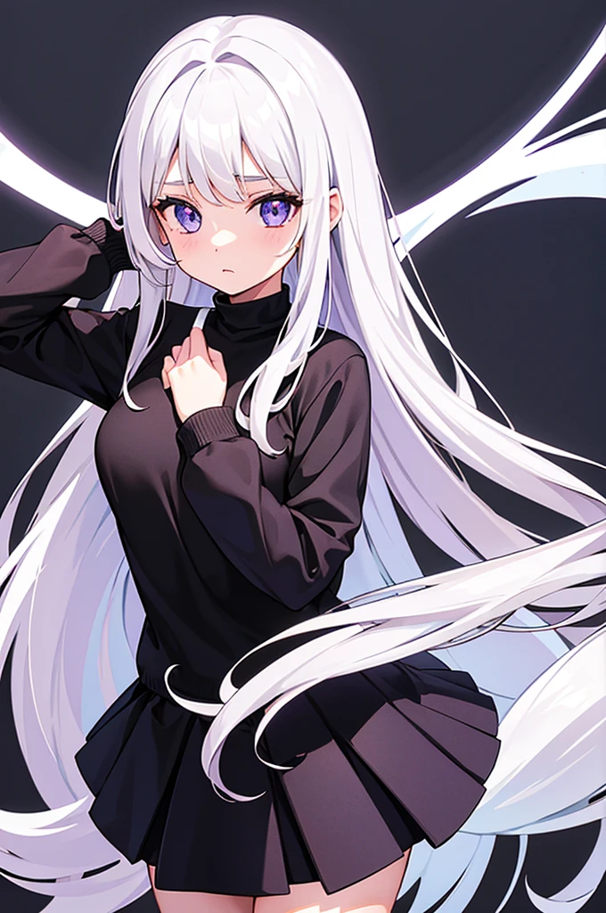 1 girl, 19 years old, long white hair, wearing white black sweater, wearing black skirt, purple eye, blue eye
