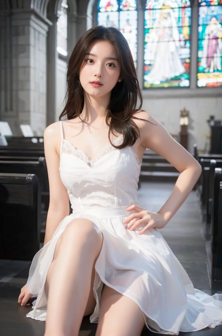 8K RAW Photos, Highest quality, masterpiece, Ultra-high resolution, 3d, Realistic, One girl, Asian, black_hair, White Dress, length_hair, nose, Natural skin texture, light brown_eye, detailed eyes and face, lips, lipstick, smile, Beautiful feet, Huge breasts, Beautiful inside of church location, (Detailed Background), White Dress, White shirt, Blurred Background, Short sleeve