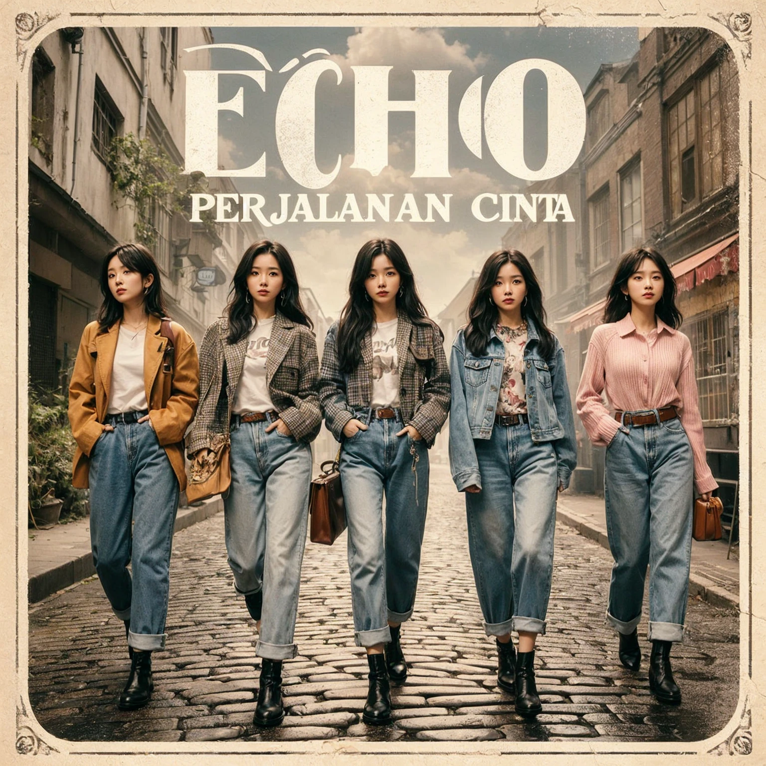 The album cover for "PERJALANAN CINTA" by ECHO shows five Korean female band members walking confidently down a cobblestone street in casual, stylish outfits with jackets, shirts, and jeans. The backdrop is a vintage urban setting with buildings and greenery. "ECHO" is prominently displayed in bold, distressed white letters, with "PERJALANAN CINTA" below it, blending modern style with a cool urban vibe.