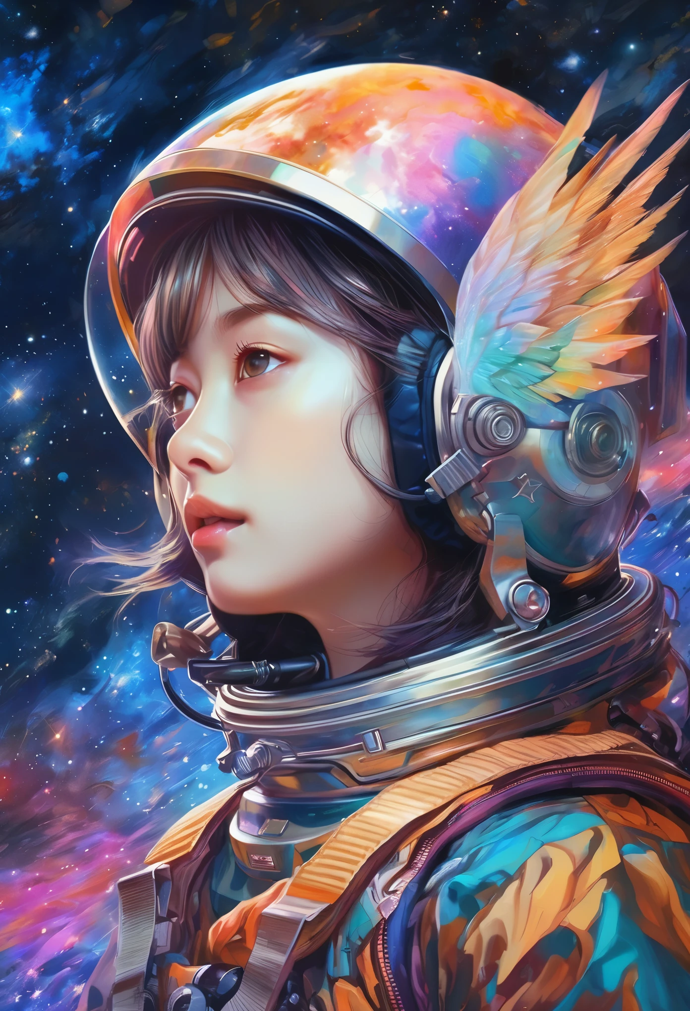 Girl with wings、Girl flying in space、Starry Skyを飛ぶ少女、Beautiful face girl、color々なcolorの星の光、diego gisbert lawrence、Joe San Gonzalez Dan Mumford、Picture book illustrations、Psychedelic Art、Starry Sky、nebula、vague、superwide shot、Highest quality、Ultra-detailed、Intensive、Golden ratio composition、Kanna Hashimoto