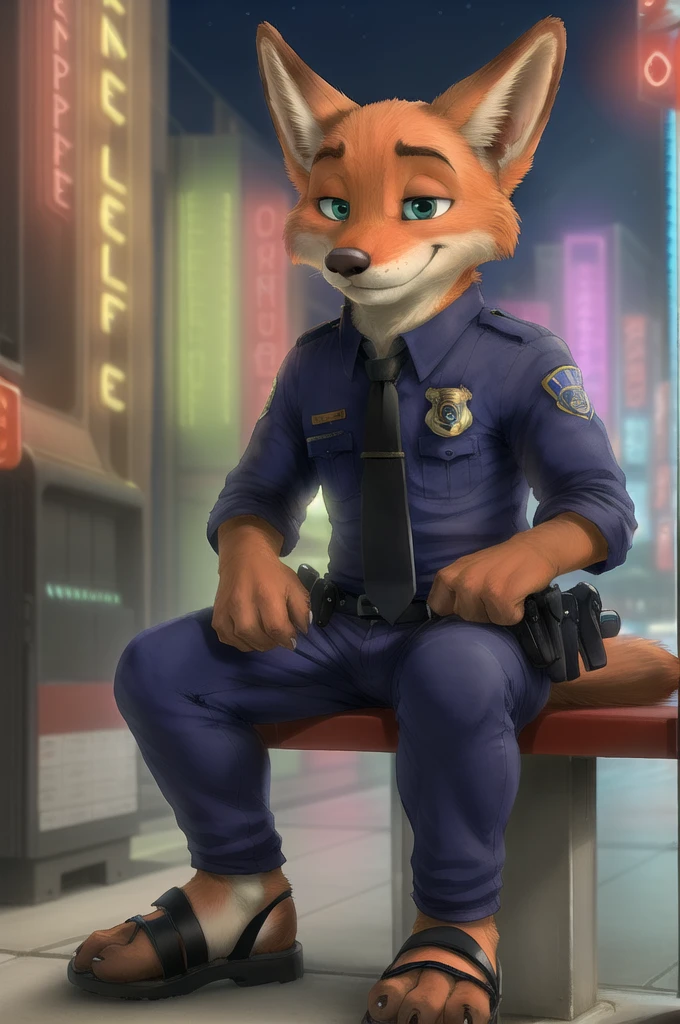 (energetic, by honovy, от zenthetiger, from Sausch), Nick Wilde, male, Fox, One, tie, safe, dressed, green eyes, Police uniform,sandals, is sitting, city, Street, Tokyo, Akihabara, neon lights, night, tail