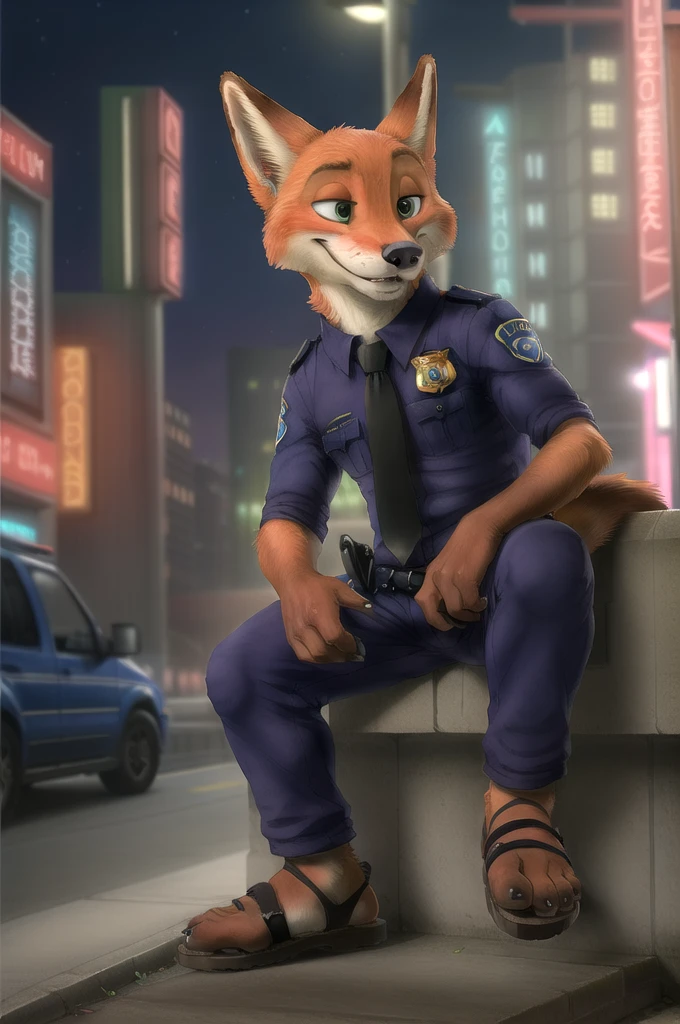 (energetic, by honovy, от zenthetiger, from Sausch), Nick Wilde, male, Fox, One, tie, safe, dressed, green eyes, Police uniform,sandals, is sitting, city, Street, Tokyo, Akihabara, neon lights, night, tail