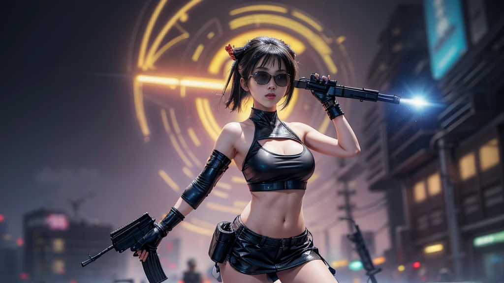 8k, Realistic Skin Texture, Realistic Photo, Neo Tokyo, slim Japanese women, large-breast:1.3 cleavage:1.2, AD2050 at night, Dirty hunting jacket, Wearing tube top, miniskirt, (((black sunglasses, automatic rifle, sneakers, cold, shooting pose, low angle view))), Innovative composition, revenge, cyberpunk, blade runner worldview, Large neon sign, Geisha hologram sign, Strong Wakamoto Sign.