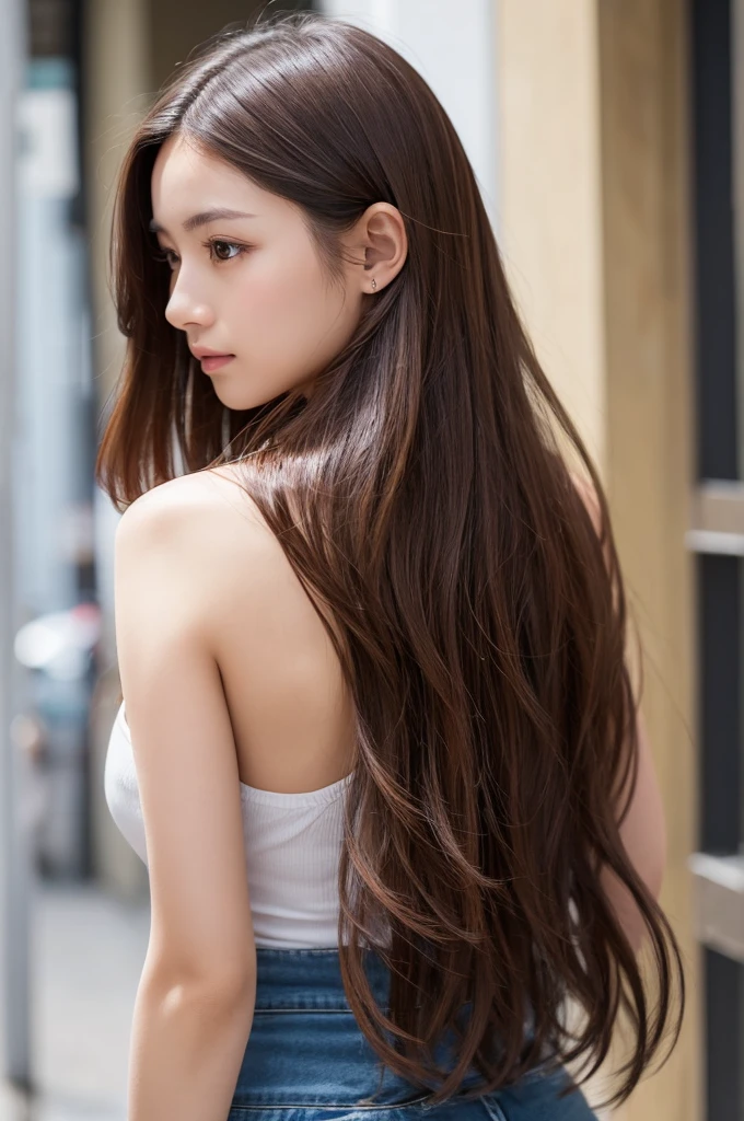 Woman with long hair facing backwards、shiny hair、Woman with beautiful hair、Beautiful brown hair
