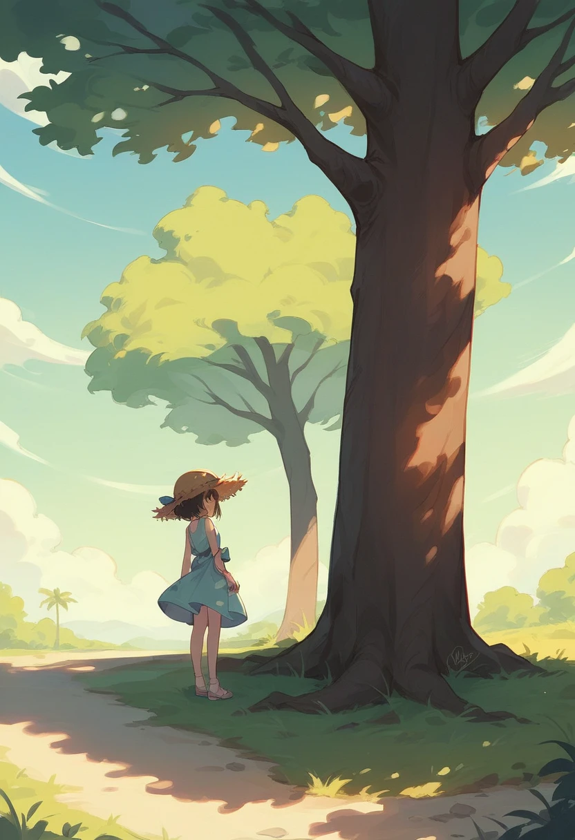 ager girl、Are standing、Wearing a dress、Straw hat、Under the tree、Tree shade