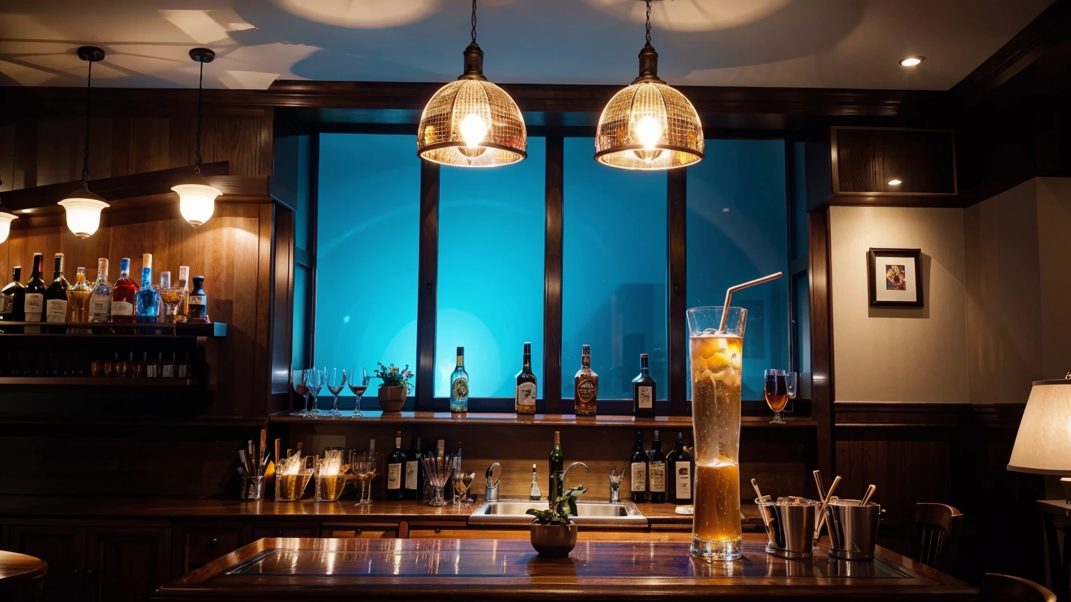 create an ultra-high definition, hyper-realistic, highly detailed, high quality image with sharp focus, professional lighting, vivid colors and intricate details, representing in detail a Pub modern, bar area with high stools, displaying a selection of spirits, shelf with drinks, meticulously capturing every intricate detail. utilize state-of-the-art deep learning models and adjust parameters according to quality metrics such as structural similarity (SSIM) and perceptual loss to create an indistinguishable image from a high-quality real photograph, sharp focus Fujifilm XT3, professional lighting, vivid colors, intricate details, film grain, realistic painting art Fujifilm XT3, f5.6, physically based rendering, natural lighting, cinematic lighting, dramatic lighting, professional, dynamic motion, colorful lighting, colors vibrant, studio lighting, professional photography, cinematic compositing, symmetrical framing, landscape, (best quality,4k,8k,16k,Highest,masterpiece:1.2),(realistic,photorealistic,photo-realistic:1.37), (extremely detailed CG unit, 16k wallpaper), 16k UHD, 16k HDR, (ultra-high definition, hyper-realistic, highly detailed, high image quality, sharp focus, professional lighting, vivid colors and intricate details),