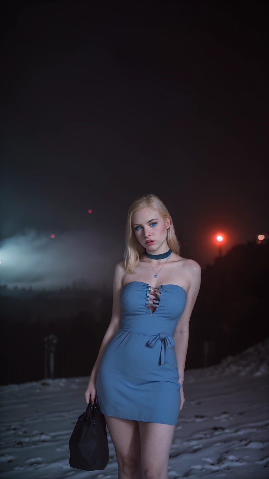 Prompt: Analog photography featuring a melancholic American adult model (Ivy Snow) amidst the shadows of a dimlit mountain at night, blonde curvy-girl (18yo, Smokey eyes, very pale skin(PORCELAIN SKIN), large breasts, tightened thighs, huge ass, Chubby blonde-girl)-Bold pink-lips, Pout face expression. Her bright blue-eyes(piercing through the darkness). Dressed in a strapless minidress(Tangerine-orange/Deep-Purple colors, print bodycon, tube-dress, accents her large bust, and highlights her waist), with a bag, and a choker. Pout face expression, Standing all in CANDID poses, and holding a plastic-bag. The photograph captures the cold and foggy of the night(with its Sad atmosphere and the sense that something oppressive is about to unfold). A subtle haze and a soft focus on the background enhance the quality of the image, (backlighting), Horror movie effects, The natural light casts long shadows, accentuating the desaturated colors and oppressive & frost atmosphere of this vintage-photography-style image. A 70mm grainy film captures the scene, with a bokeh effect softening the focus, -enhancing the overall composition. ((from the below view))
