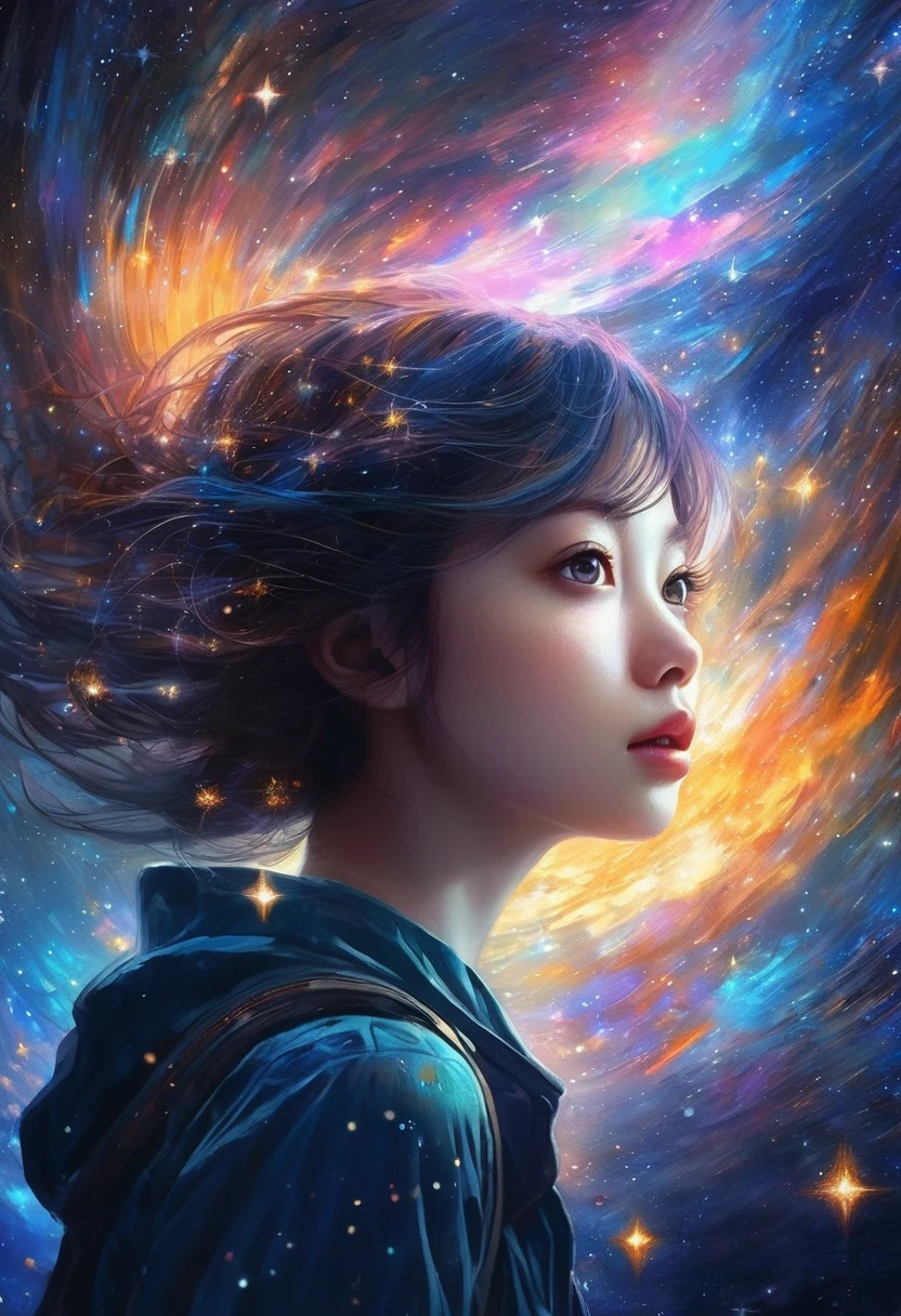 Girl with wings、Girl flying in space、Starry Skyを飛ぶ少女、Beautiful face girl、color々なcolorの星の光、diego gisbert lawrence、Joe San Gonzalez Dan Mumford、Picture book illustrations、Psychedelic Art、Starry Sky、nebula、vague、superwide shot、Highest quality、Ultra-detailed、Intensive、Golden ratio composition、Kanna Hashimoto