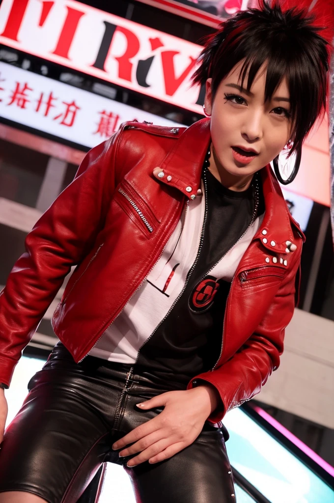 live house、Japanese young beautiful girl idol、Red Mohawk、Punk Fashion、Expose large breasts、Leather jacket with studs、Naked with a guitar between his legs、Tattoo、Giving a blowjob to an old man's erect penis、Spread your legs and expose your genitals