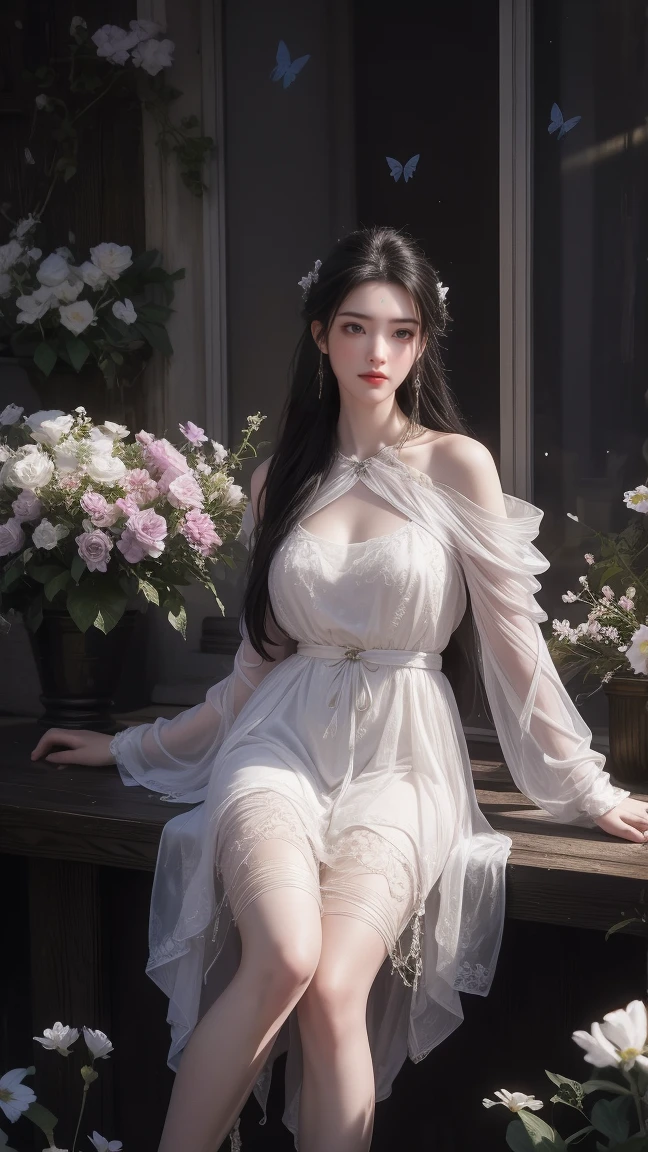 dress, ((knee shot)), fashi-girl, red lips, mature female, makeup, photorealestic、real photograph、((realisticlying:1.5))、There are white butterfly orchids around the hair，Lilac dendrobium、white lilies、1 girl in、Brown hair、floated hair、Hazy beauty、A plump chest, Nice, cleavage, slender leg, Seductive legs, posing elegantly, Have extremely beautiful facial features、Hairpin on the head、perfect hand、(springtime、raining day、butterflys、precipice)、 vectorial art、Chinese contemporary art、Soft lighting、looking-down