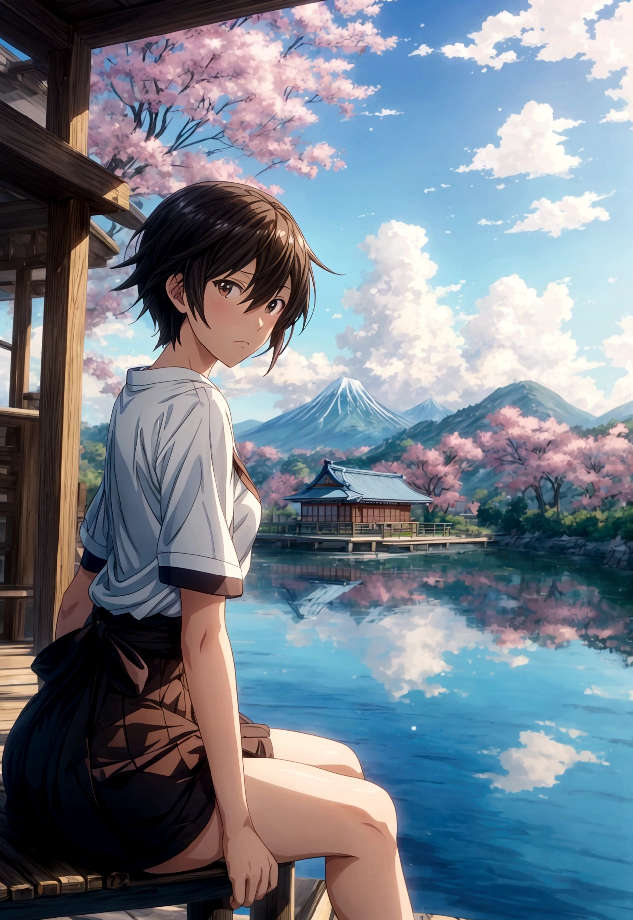 Anime scenery with a bench overlooking the water and mountains, 日本のAnime scenerys, Beautiful Japanese anime scenery, Beautiful anime scene, makoto shinkai's style, Anime Background, Anime scenery, Beautiful peaceful scene in anime, makoto shinkai. —h 2160, In the style of Makoto Shinkai, Anime Background Art, ( ( makoto shinkai ) )