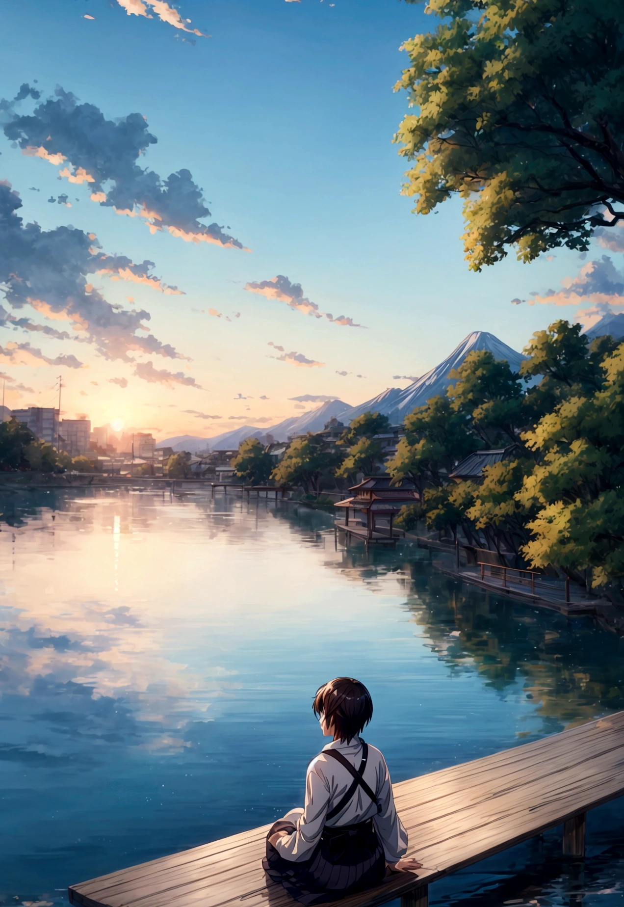 Anime scenery with a bench overlooking the water and mountains, 日本のAnime scenerys, Beautiful Japanese anime scenery, Beautiful anime scene, makoto shinkai's style, Anime Background, Anime scenery, Beautiful peaceful scene in anime, makoto shinkai. —h 2160, In the style of Makoto Shinkai, Anime Background Art, ( ( makoto shinkai ) )