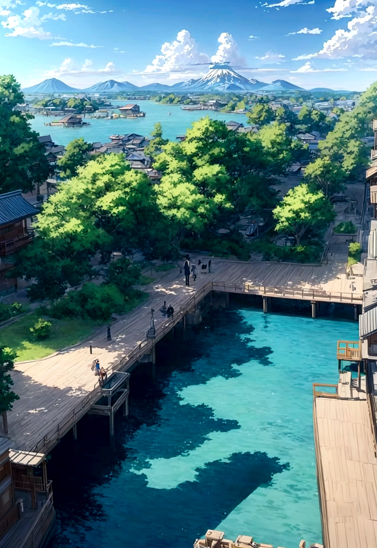 Anime scenery with a bench overlooking the water and mountains, 日本のAnime scenerys, Beautiful Japanese anime scenery, Beautiful anime scene, makoto shinkai's style, Anime Background, Anime scenery, Beautiful peaceful scene in anime, makoto shinkai. —h 2160, In the style of Makoto Shinkai, Anime Background Art, ( ( makoto shinkai ) )