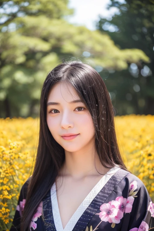 Super super realistic、high quality、Very detailed、Ultra-high resolution、Black Hair、Long Hair、The Beauty of Japan、No makeup、double、Wide-set eyes、Sensual eyes、Sleepy eyes、Apple Cheeks、Alabaster peel、Thin eyebrows 、teeth、Thick lips、Big Hips、sad、behind、Embarrassing 、Apply blush all over the face、Sticking out tongue、Mole under  eye、Half-closed eyes、Hollow Eyes、envy、Exhausted、19 years old、height: 147cm、she wearing deep purple and black kimono、standing on Flower Meadow of Delphinium、sunlight、full body、