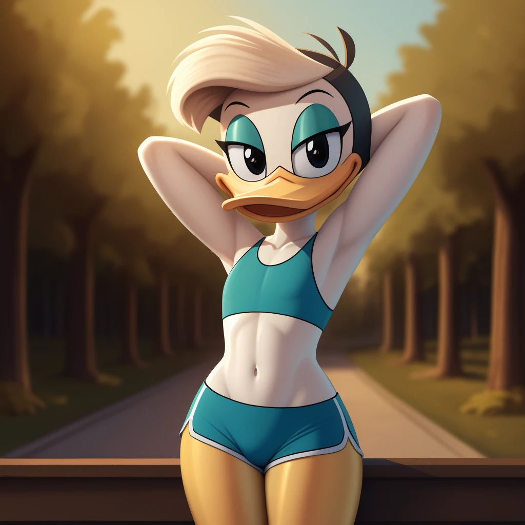 photorealism, duck, Betsy Duck, detailed background, outside, eyeshadow, tan hairstyle, cartoon, (flat chested), (yellow legs: 1.5), smiling, happy, ducktales

wear cyan sports bra, cyan shorts, hands behind head, intricate, detailed

simple black eyes, detailed, intricate, skinniest torso, (showing her torso)

highest quality, (detailed white skin:1.3), (looking at the viewer), (soft cinematic light:1.1) ,