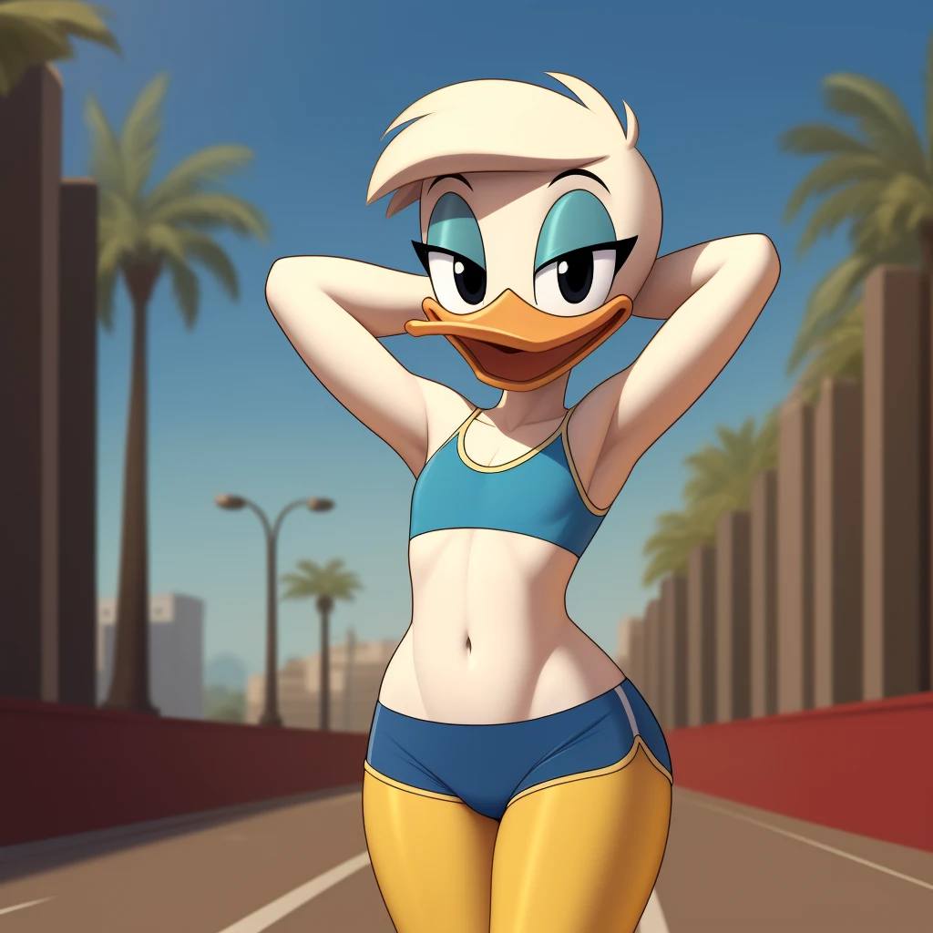 photorealism, duck, Betsy Duck, detailed background, outside, eyeshadow, tan hairstyle, cartoon, (flat chested), (yellow legs: 1.5), smiling, happy, ducktales

wear cyan sports bra, cyan shorts, hands behind head, intricate, detailed

simple black eyes, detailed, intricate, skinniest torso, (showing her torso)

highest quality, (detailed white skin:1.3), (looking at the viewer), (soft cinematic light:1.1) ,