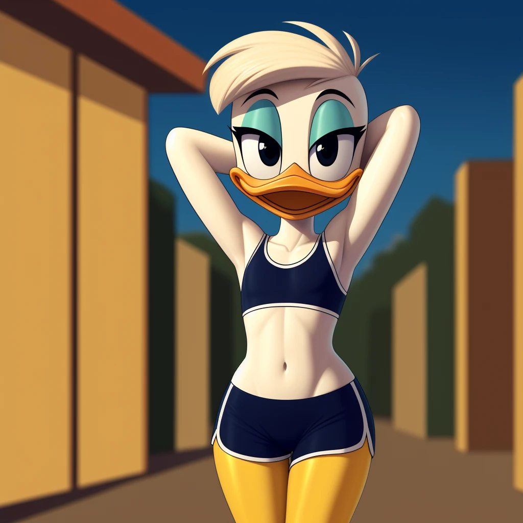 photorealism, duck, Betsy Duck, detailed background, outside, eyeshadow, tan hairstyle, cartoon, (flat chested), (yellow legs: 1.5), smiling, happy, ducktales

wear cyan sports bra, cyan shorts, hands behind head, intricate, detailed

simple black eyes, detailed, intricate, skinniest torso, (showing her torso)

highest quality, (detailed white skin:1.3), (looking at the viewer), (soft cinematic light:1.1) ,