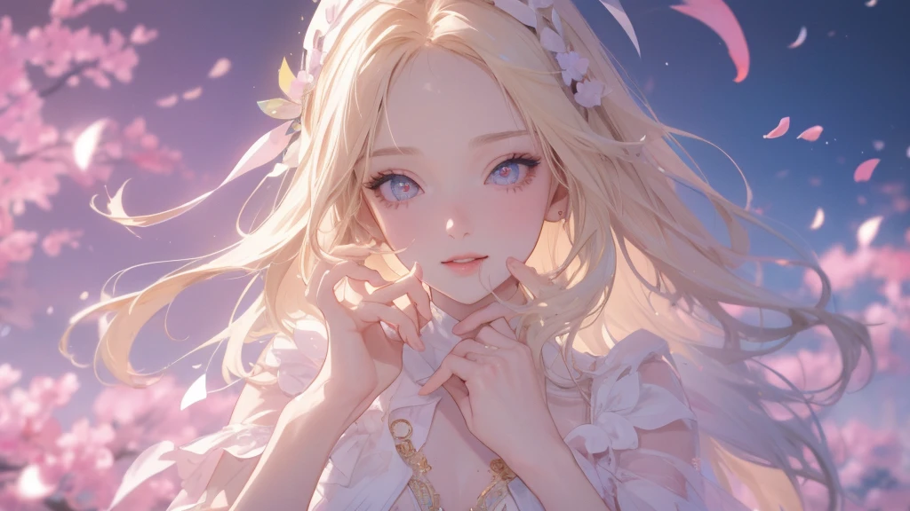 work of art, ultra creative, epic details, ultra detaild, best resolution, Woman, blonde, (BEAUTIFUL ELF), {wreath on head} ((rosto angelical)), sculptural body, pink outfit, ((perfect hands))), pink scenery, no mistakes, (((rosto ultra detaild ))), ((( olhos ultra detailds ))) glad, (expression of joy), (great smile), moonligh, petals
