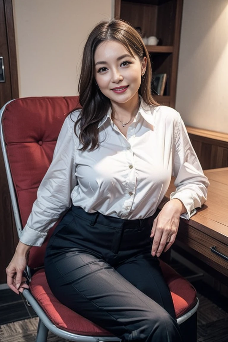 (showing the trousers:1.3),Attractive woman is mature,50 years old,1 person,big breasts,(Wrinkles on the face:1.2),light brown hair,long hair,(sitting on a chair,trousers:1.2),(From head to thigh),laughter,Masterpiece,Highest quality、Everyone looks different.