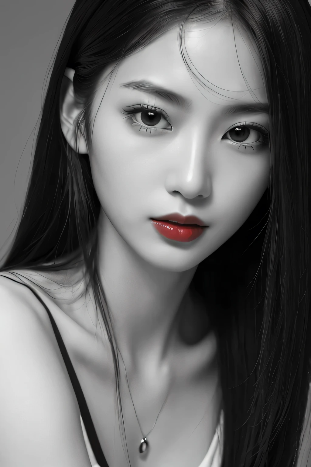 masterpiece, Highest quality, Photorealistic, Super detailed, In detail, High resolution, 8k wallpaper, Professional, High level of detail, ((Black and white photography)), One Girl, Skinny Japanese woman, ((Look forward)), ((Only the lips are red)), Collarbone Detail, Perfect Face, Straight hair, (Look straight at the camera)