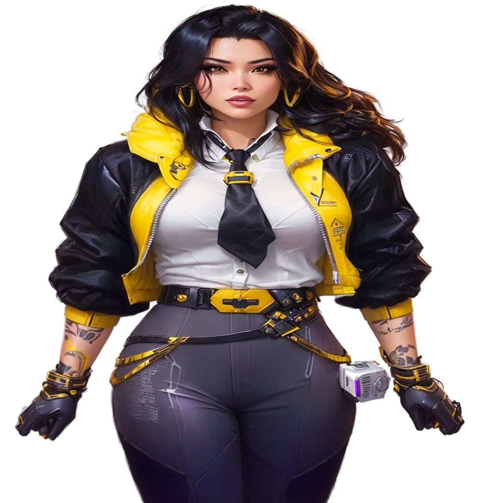 a close-up of a woman in a yellow jacket and black tie, faye san valentin, kate obispo, Judy Alvarez Cyberpunk, wearing cyberpunk jacket 2 0 7 7, Portrait of Tifa Lockhart, faye san valentin from cowboy bebop, Loba Andrade de Apex Legends, Brigitte de Overwatch, Portrait of Tifa Lockhart, jet black haired cyberpunk girl, cyberpunk femme fatale